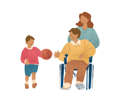 une aide à domicile pousse une personne en fauteuil roulant qui parle à un enfant