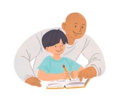 @icone_01 Un aide à domicile assiste un enfant dans ses devoirs
