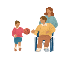 @icone_04 une aide à domicile pousse une personne en fauteuil roulant qui parle à un enfant